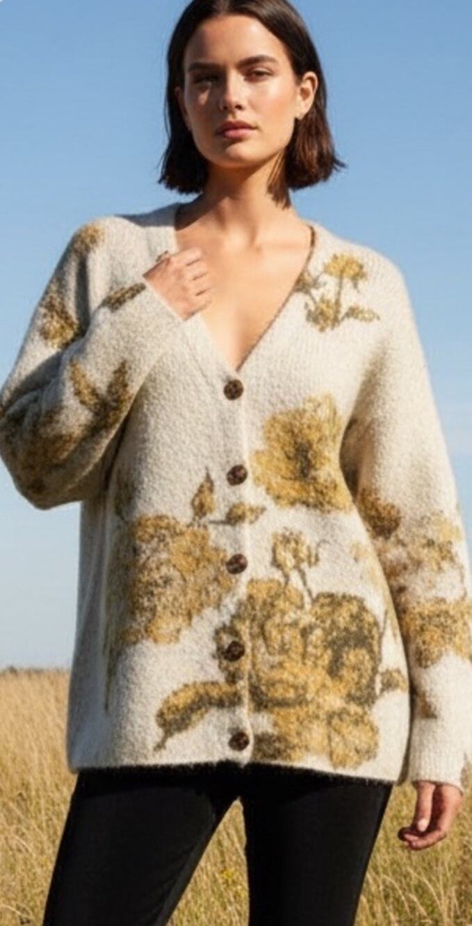 Woolrich Size L Bulky Golden Floral Soft Knit Cardigan Limited Collab Ethereal